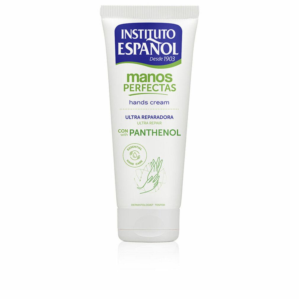 Tubo bianco con etichetta blu e verde. Scritta: Instituto Español, Manos Perfectas, Ultra Reparadora, con Panthenol.