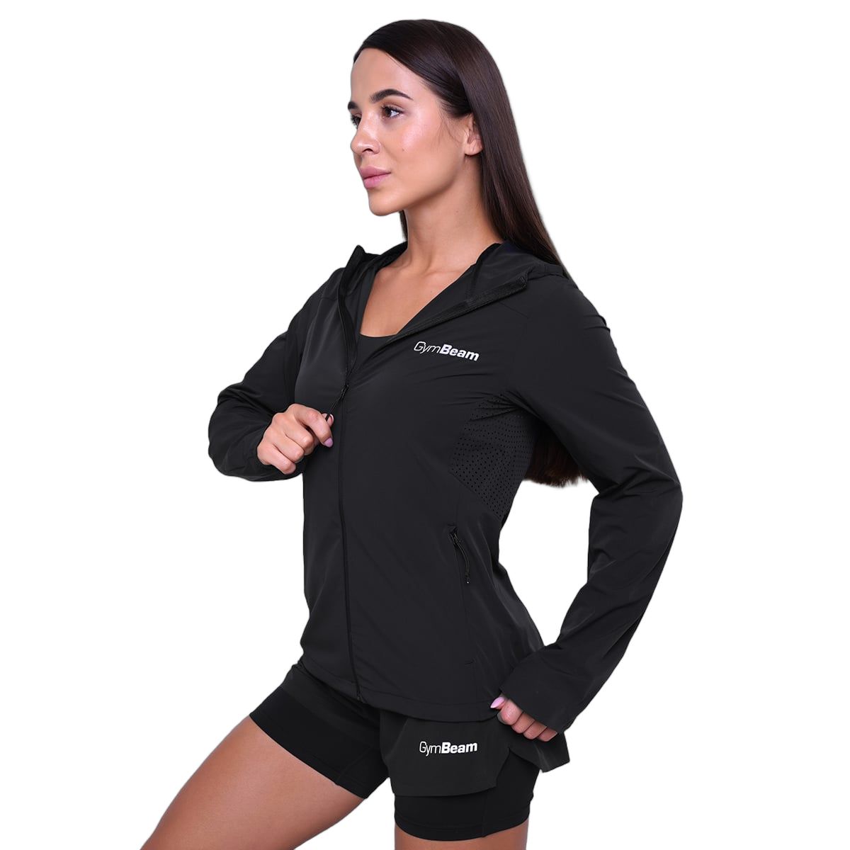 GymBeam Giacca Pulse Running donna slim con zip cappuccio Black