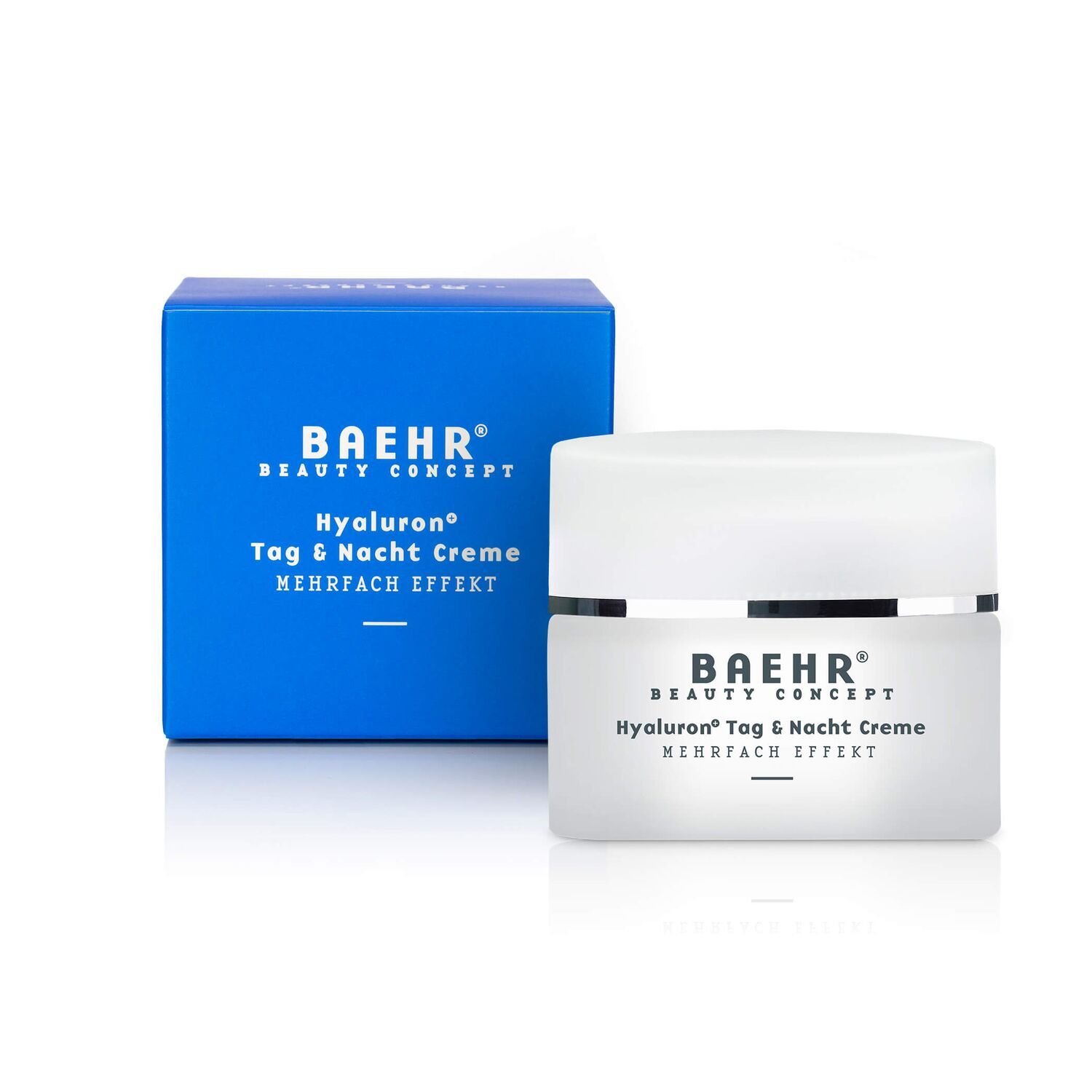 Scatola blu e vasetto di crema. Scritta: BAEHR BEAUTY CONCEPT, Hyaluron Tag & Nacht Creme, MEHRFACH EFFEKT.