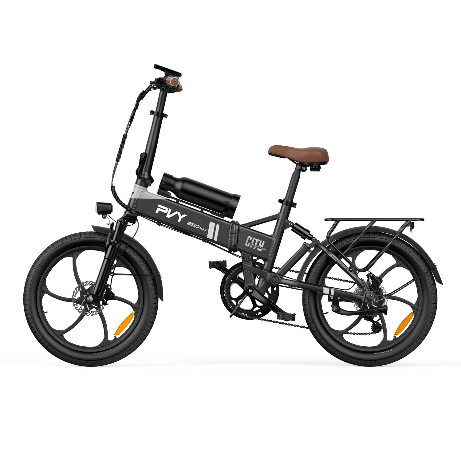E-bike nero con sella marrone e batteria. Scritta PVY Z20 MAX.
