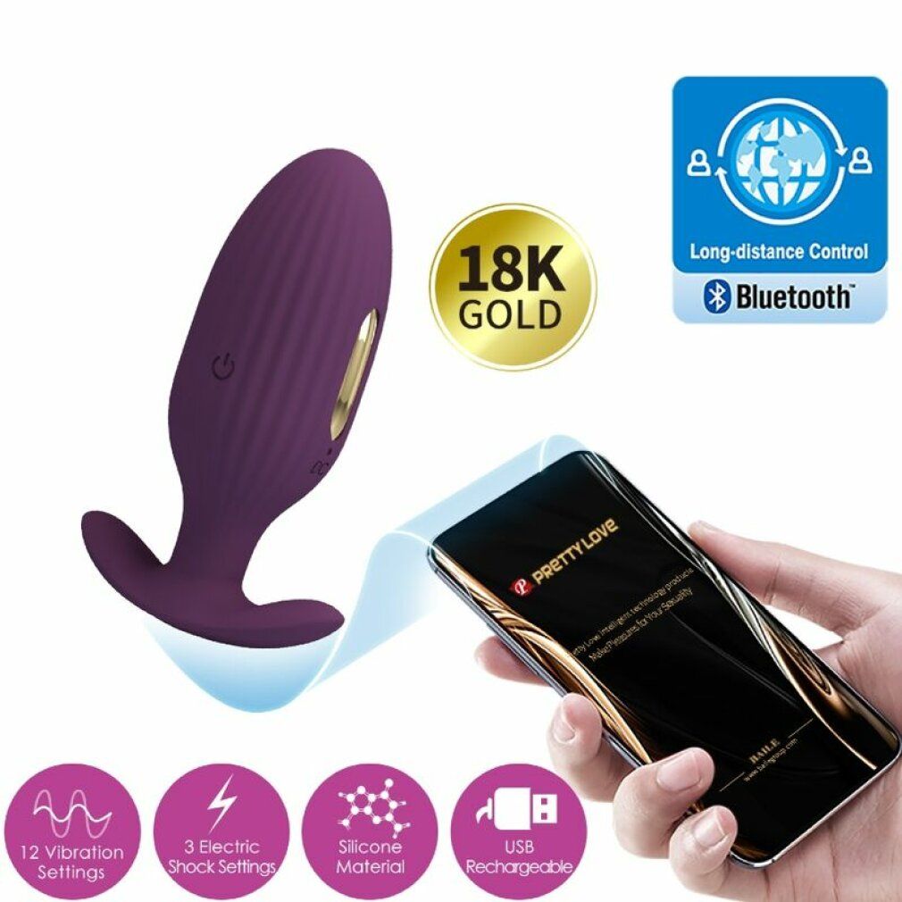 Plug anale viola con connessione smartphone. Logo Bluetooth e caratteristiche.