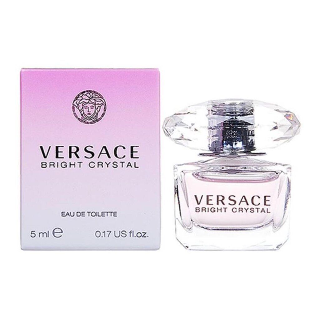 Flacone e confezione di Versace Bright Crystal. Flacone trasparente con tappo a cristallo. Confezione rosa con logo e scritta.