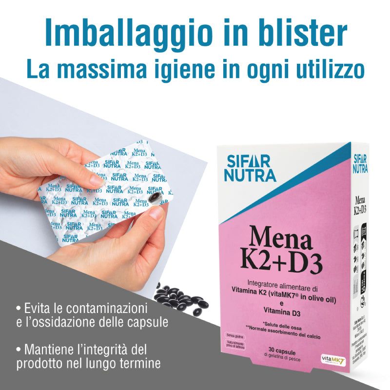 Mani aprono blister. Confezione Sifar Nutra Mena K2+D3. Testo: Evita contaminazioni e ossidazione.