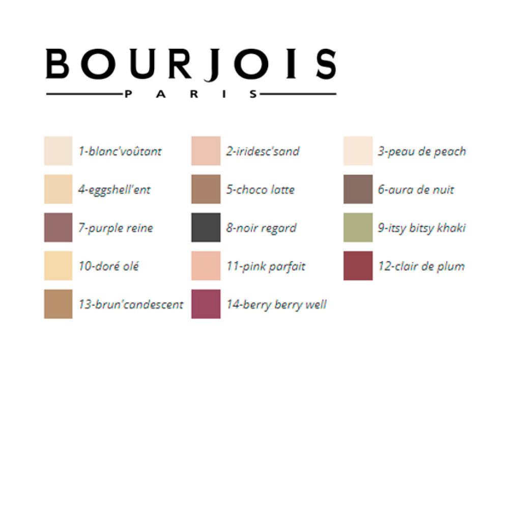 Palette di 14 colori ombretto. Ogni colore è numerato e denominato. Marchio: BOURJOIS PARIS.