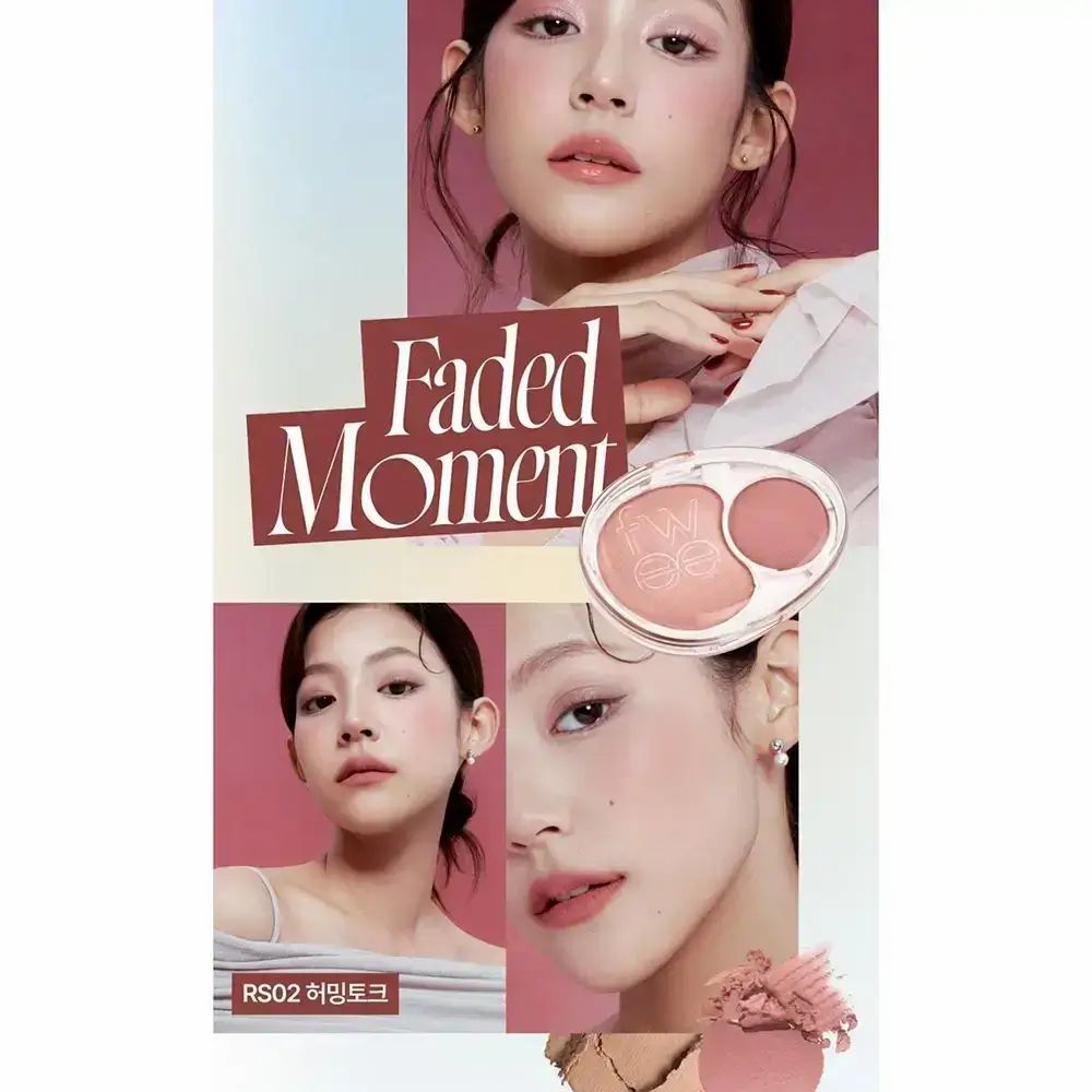 Immagine pubblicitaria con volti e FWEE Mellow Dual Blusher RS02 Humming Talk. Immagine del prodotto e polvere accanto.