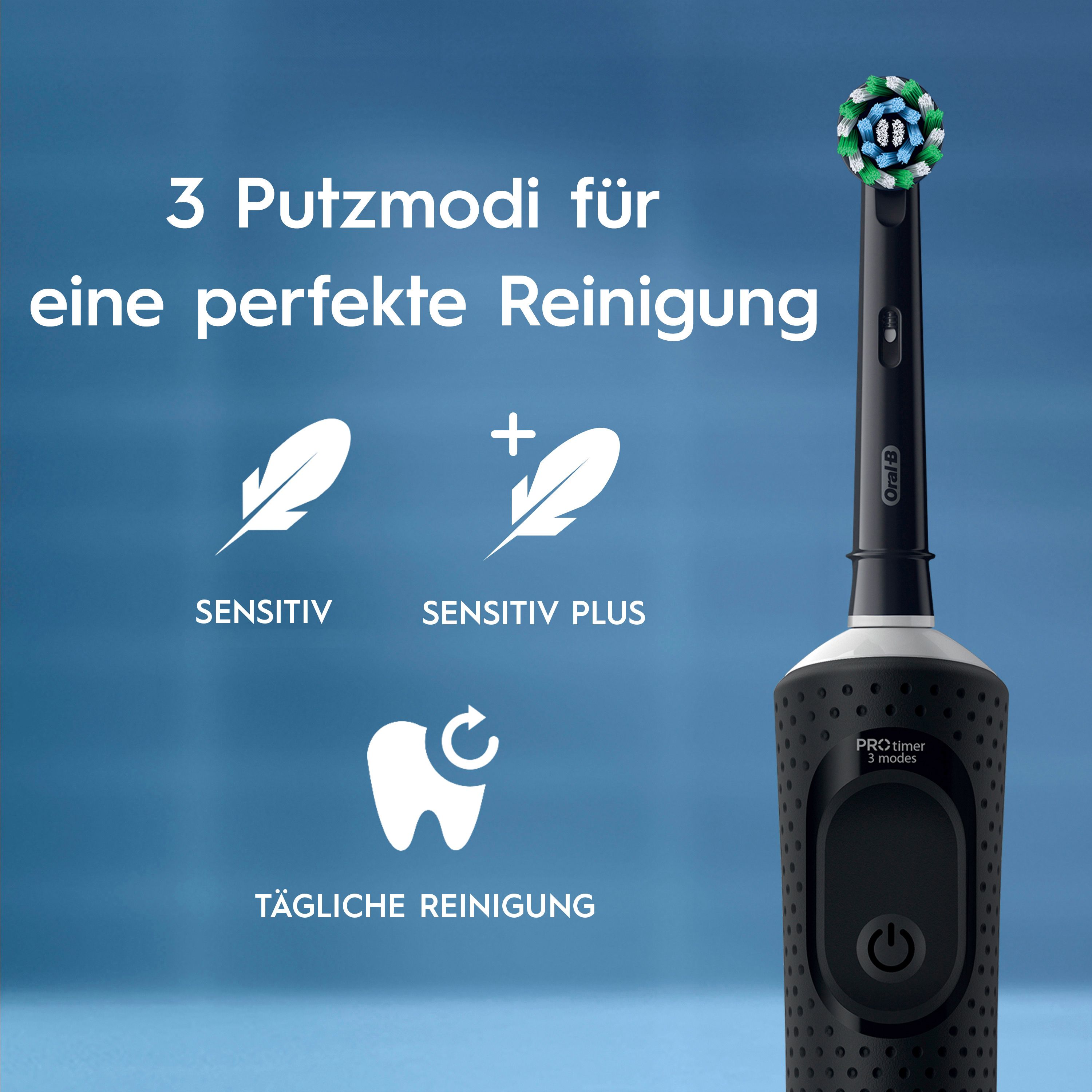 Spazzolino elettrico nero con testina. 3 modalità di pulizia: Sensibile, Sensibile Plus, Pulizia quotidiana. Display Pro-Timer.