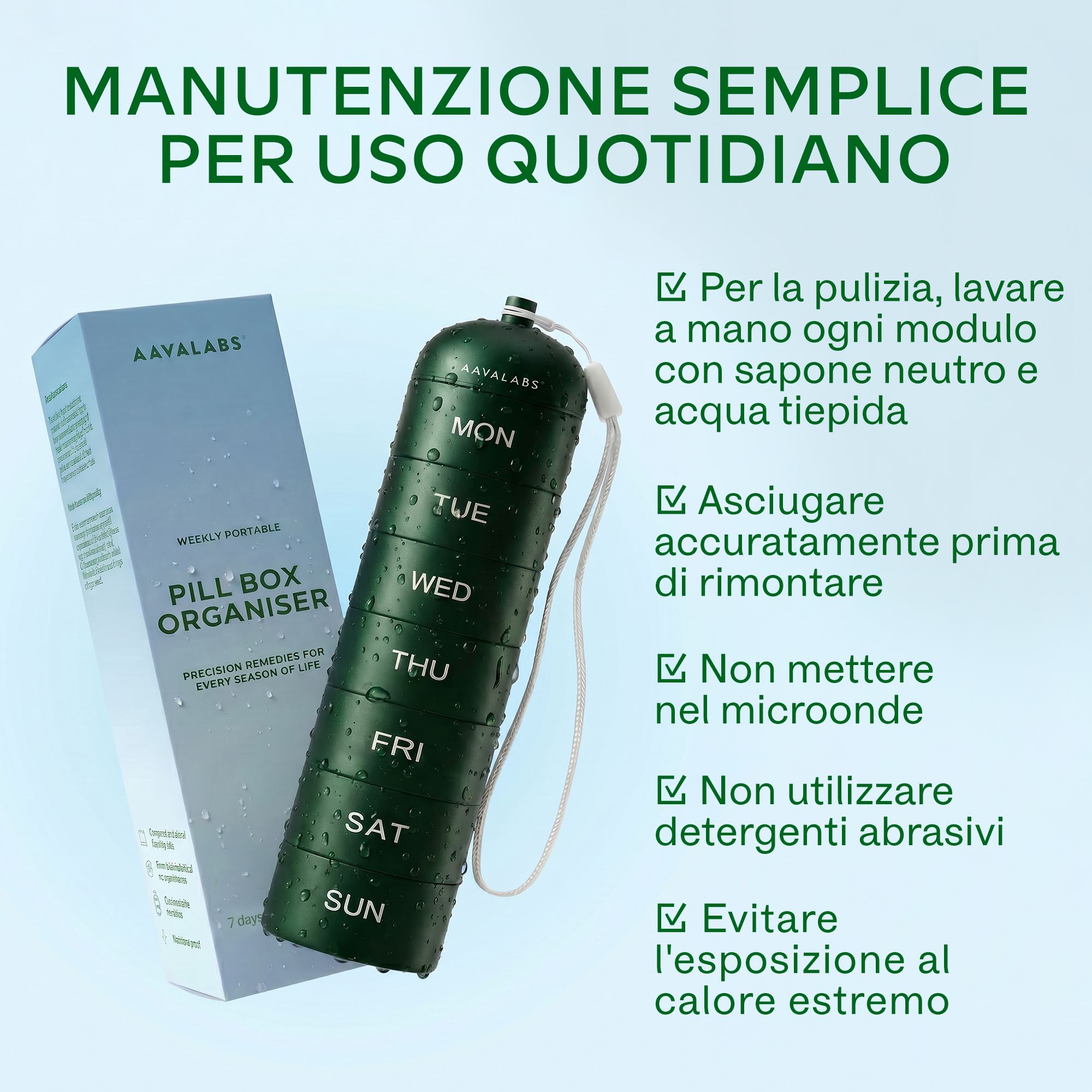 Portapillole verde a 7 scomparti e istruzioni in italiano per una facile pulizia.