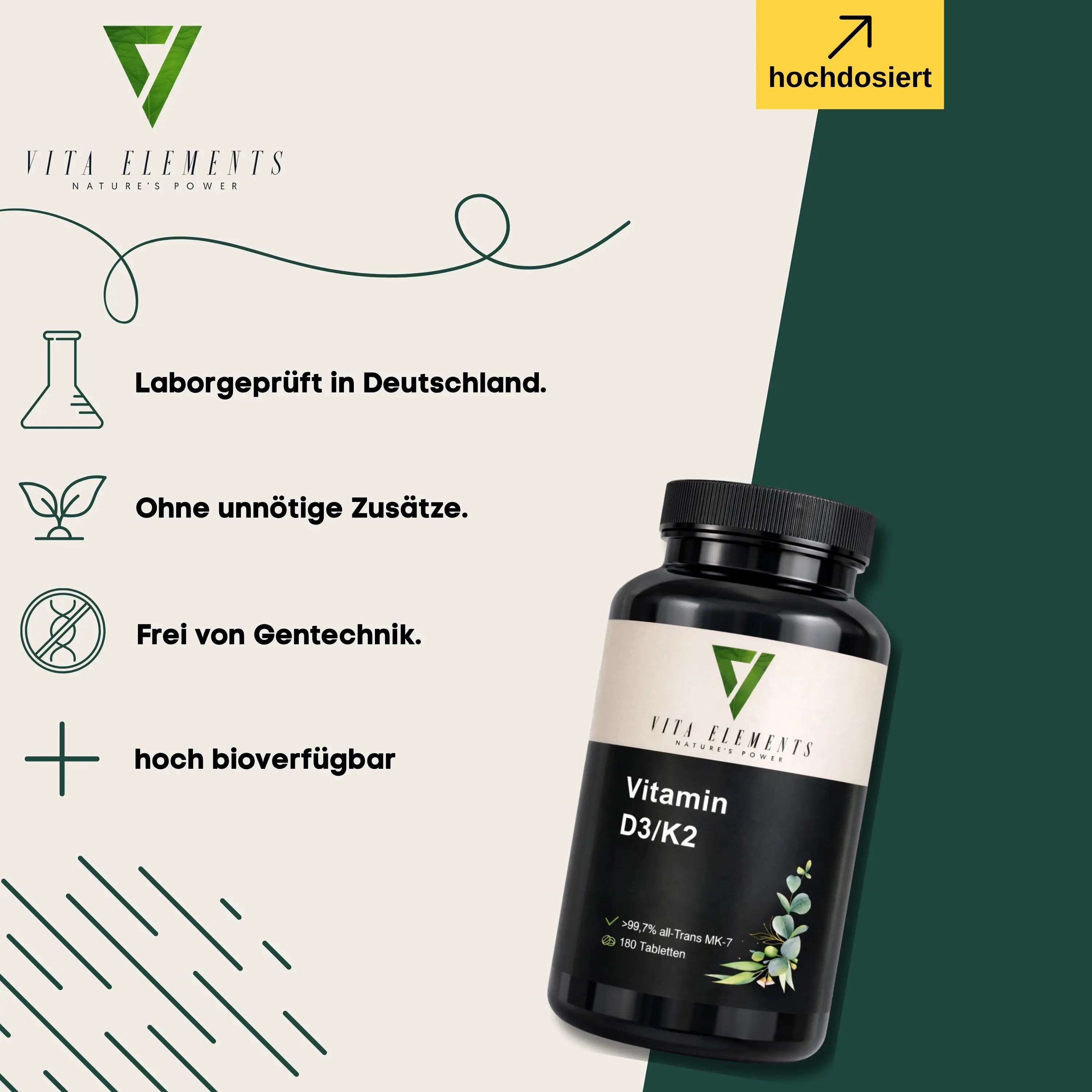 Vita Elements Vitamina D3/K2: Testato in laboratorio, senza additivi, senza OGM, alta biodisponibilità. Contenitore nero.