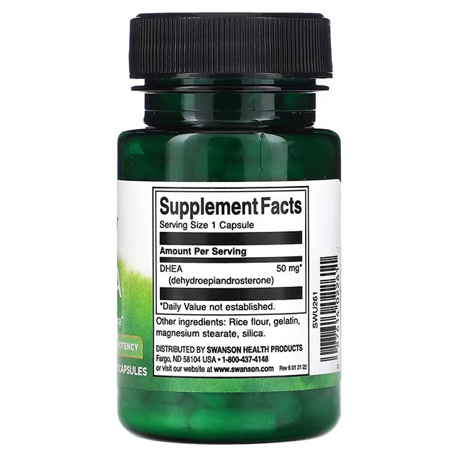 Retro di flacone verde. Scritta: Supplement Facts. DHEA 50 mg. Ingredienti. Swanson Health Products.