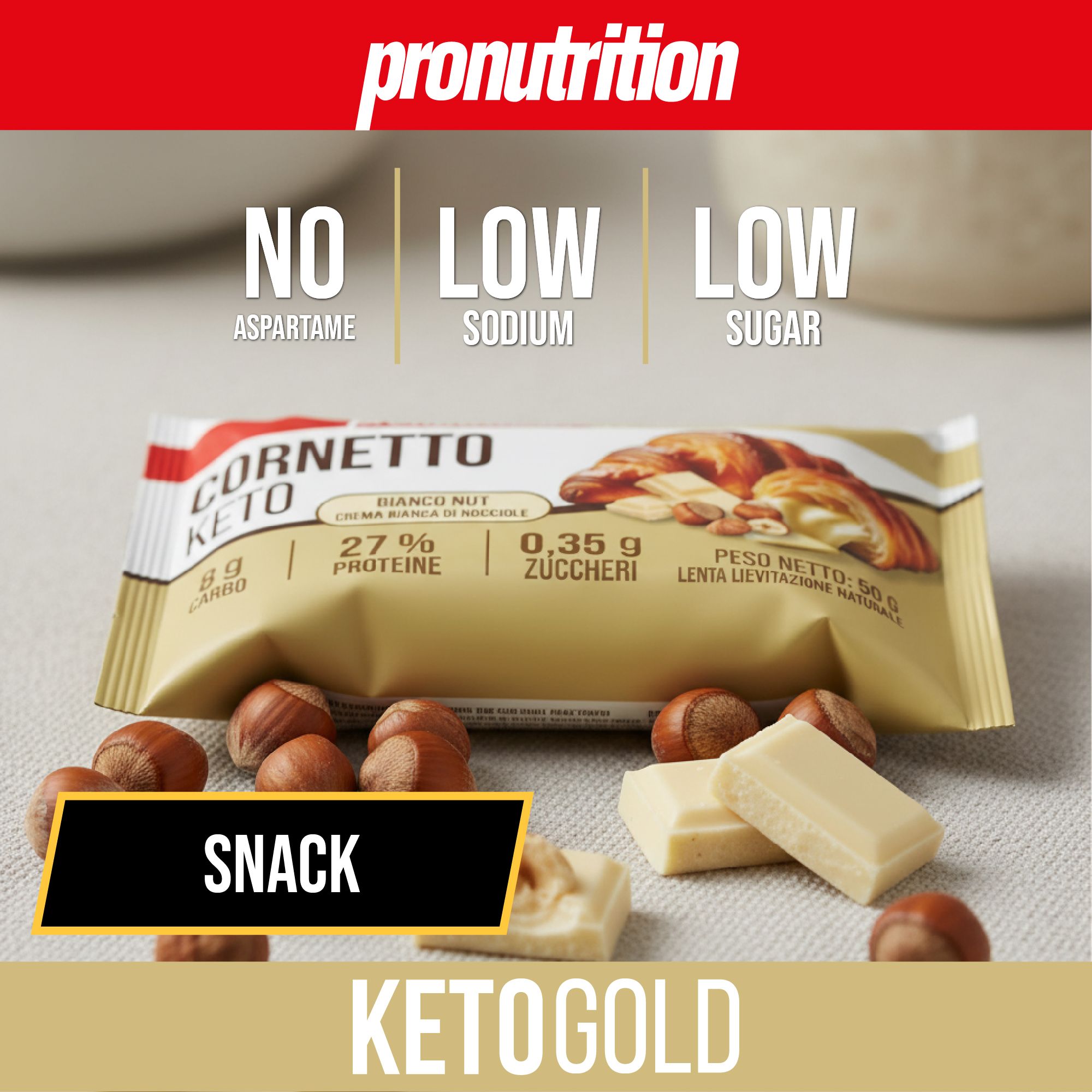 Cornetto Keto confezionato con nocciole e cioccolato bianco. Testo: NO ASPARTAME, LOW SODIUM, LOW SUGAR, SNACK, KETOGOLD.