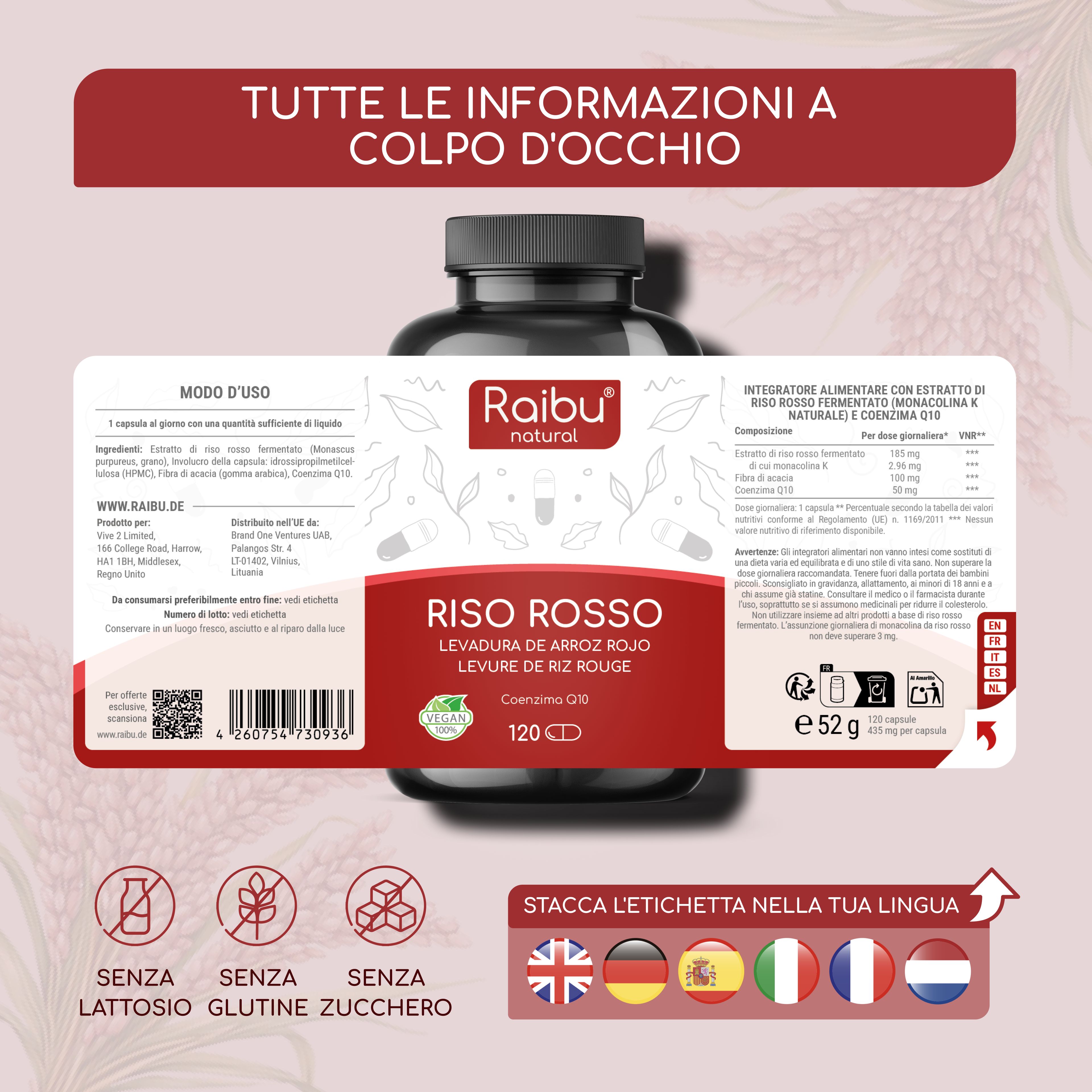 Flacone con etichetta. Riso rosso, 120 capsule. Contiene informazioni sugli ingredienti e sui valori nutrizionali.