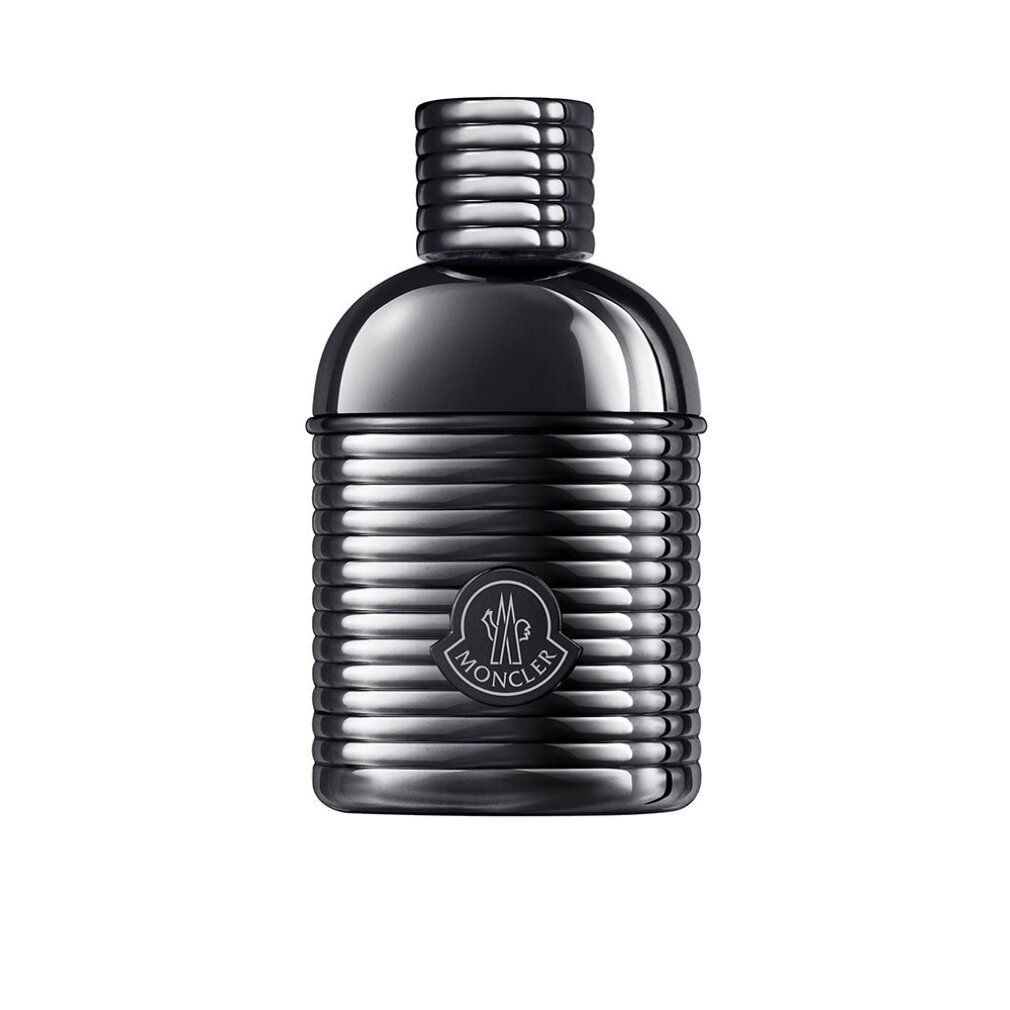 Flacone grigio scuro con superficie scanalata, logo Moncler. Tappo cilindrico. Scritta illeggibile.