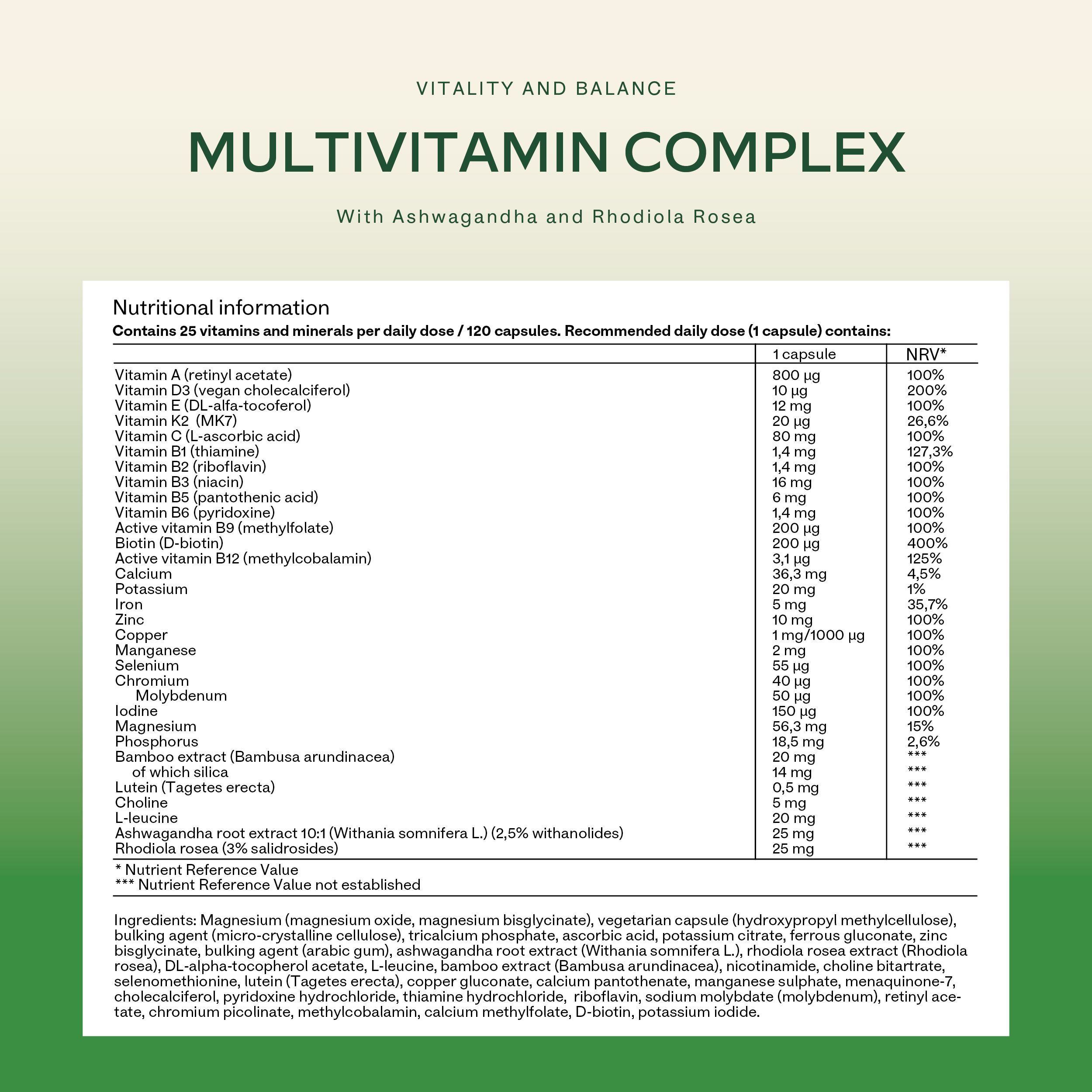 Dettaglio delle informazioni nutrizionali. Contiene 25 vitamine e minerali per dose. Ingredienti elencati.