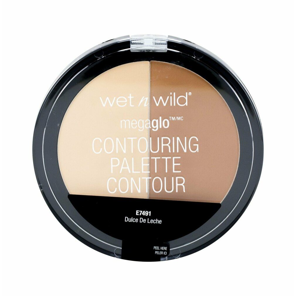 Palette contouring rotonda. Due tonalità: chiaro e marrone scuro. Contenitore nero con coperchio trasparente. Testo: Wet n Wild, Contouring Palette.