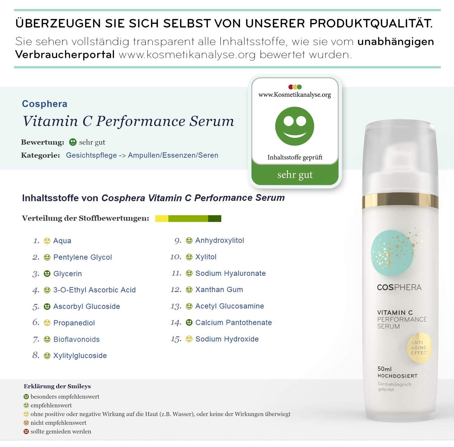 Flacone bianco con anello dorato ed etichetta turchese con glitter. Etichetta: Cosphera Vitamin C Performance Serum, 50ml.