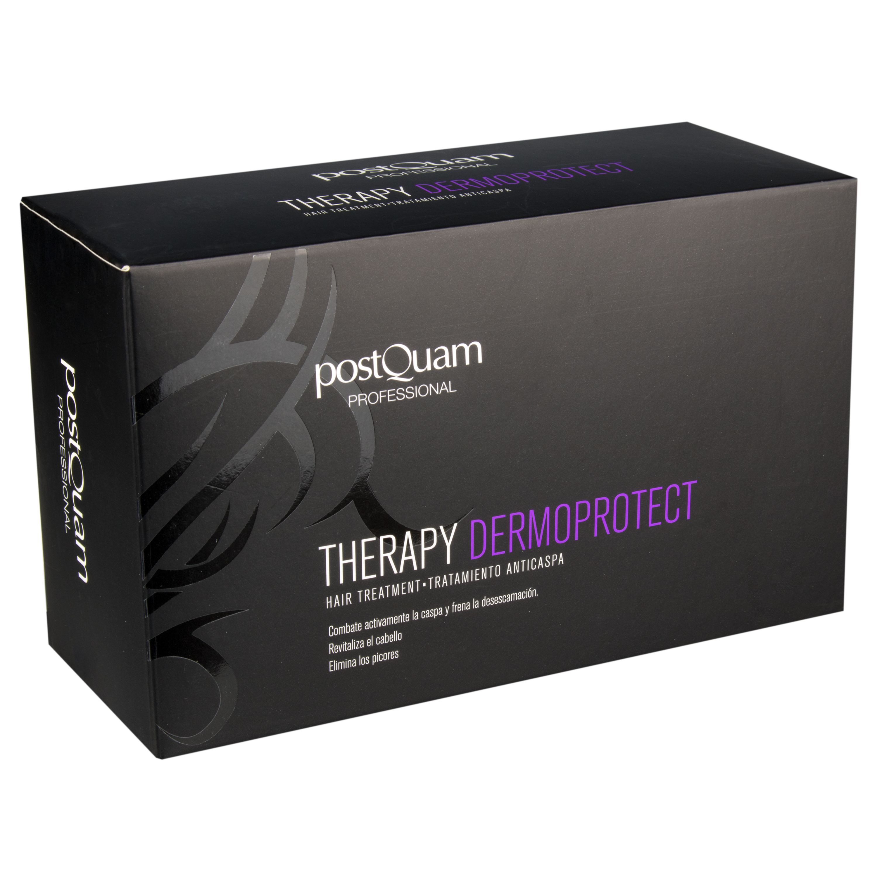 Confezione nera con nome del prodotto e logo. Testo: THERAPY DERMOPROTECT, HAIR TREATMENT. Marchio: PostQuam Professional.