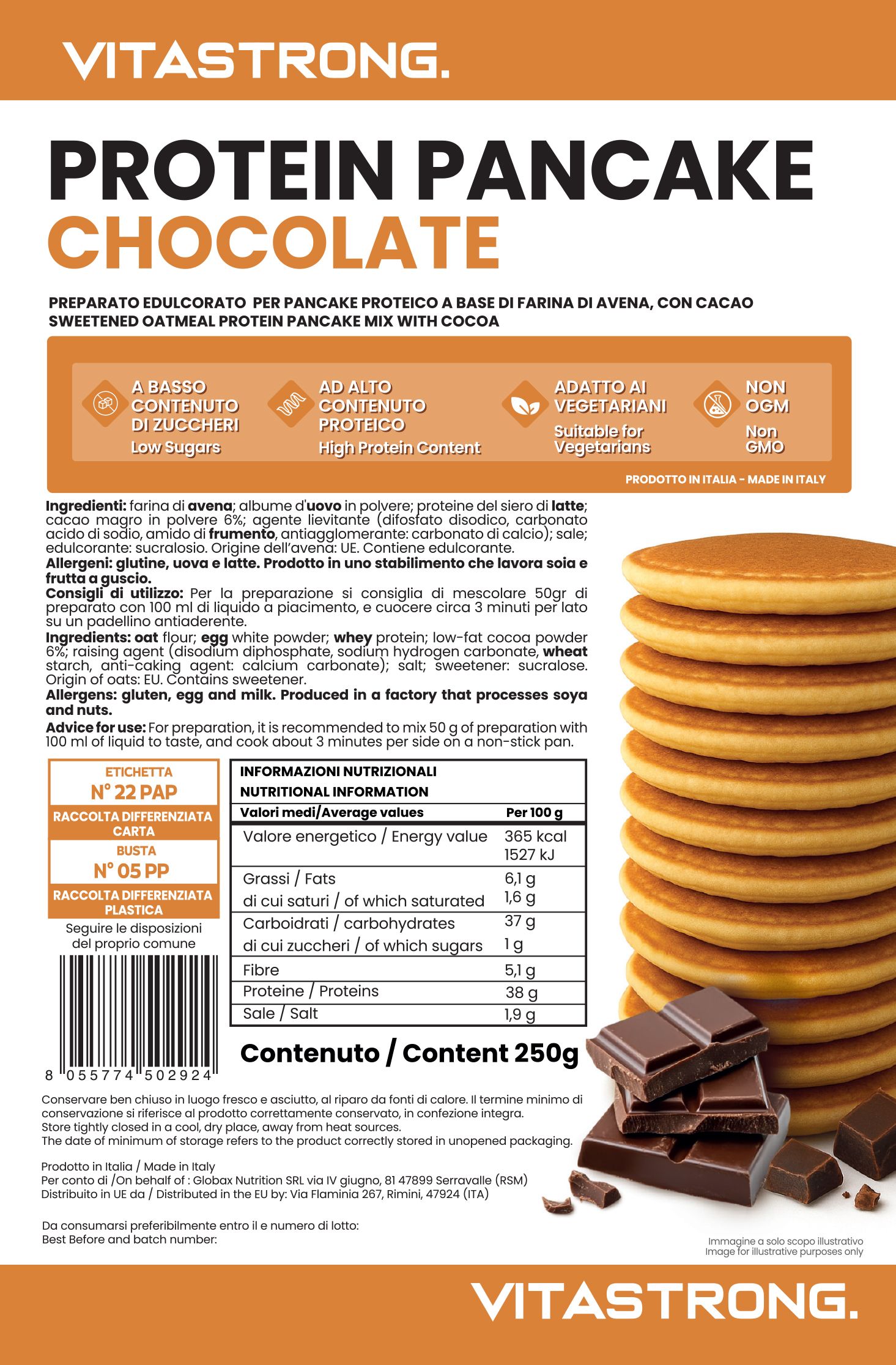 Confezione di Protein PANCAKES Chocolate. Pila di pancake e pezzi di cioccolato. Testo: VITASTORNG, Protein Pancake Chocolate.