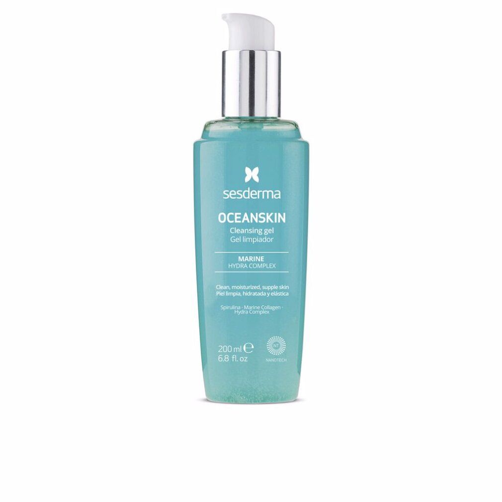 Flacone turchese con dosatore. Scritta: Oceanskin, gel detergente. Contiene Marine Hydra Complex. 200 ml.