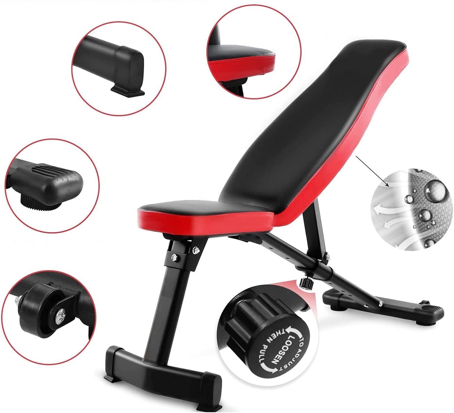 Panca fitness con imbottitura rossa e nera. Struttura nera. Manopola di regolazione con testo. Viste dettagliate dei componenti.
