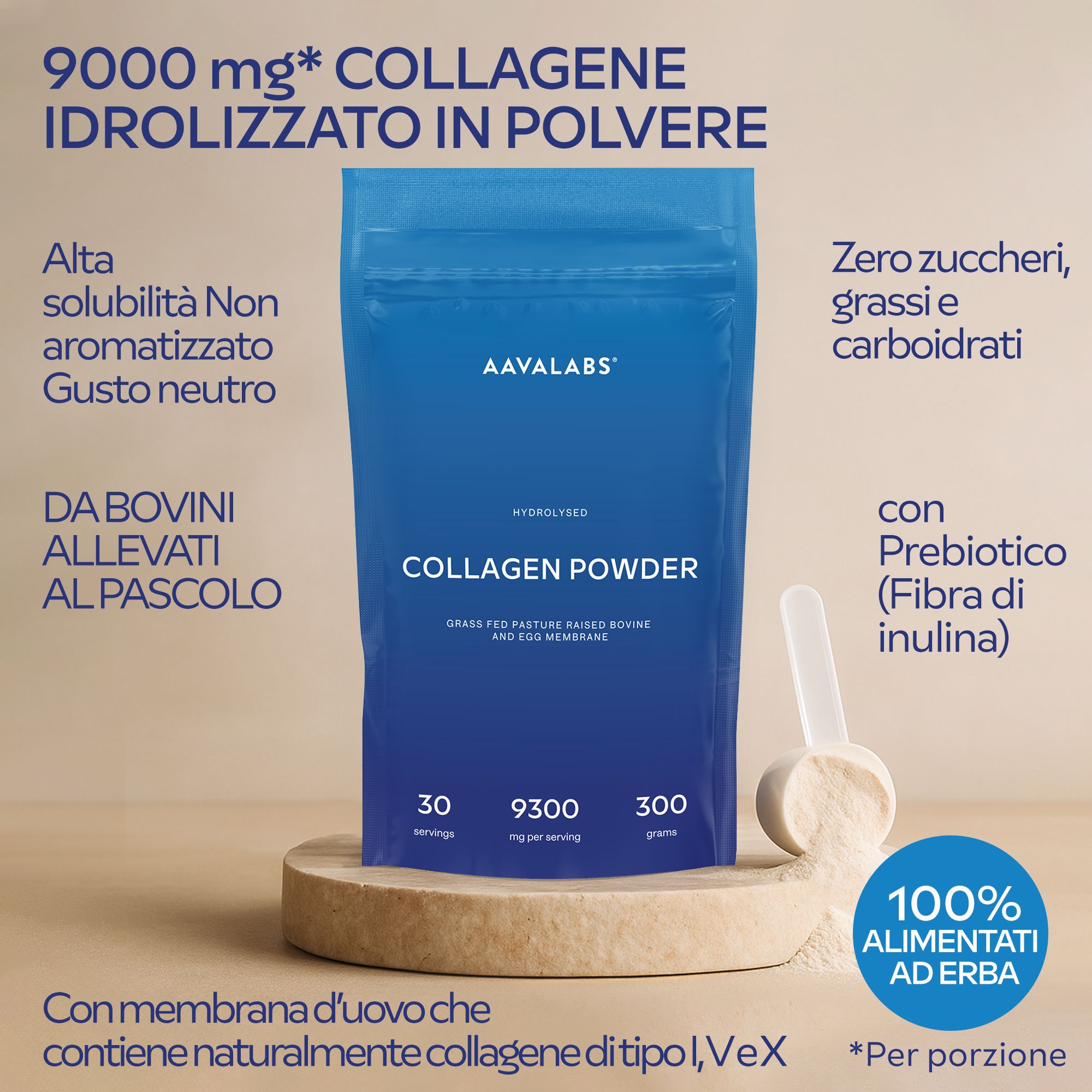 Busta blu con testo: 9000 mg di collagene idrolizzato in polvere. 30 porzioni, 300g. Con Prebiotico (Fibra di inulina).