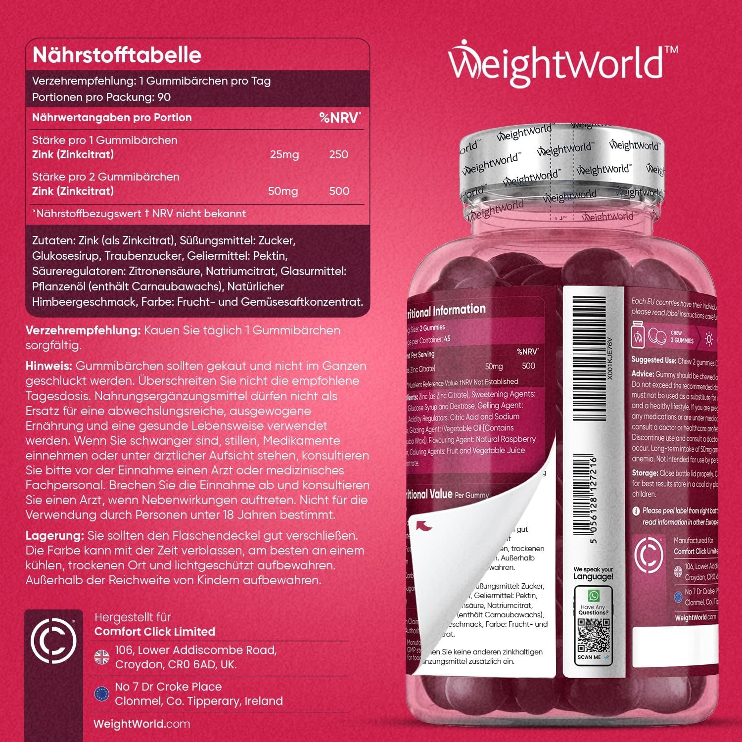Retro del flacone WeightWorld Zink Gummibärchen. Tabella nutrizionale. Ingredienti. Informazioni produttore. Avvertenze.