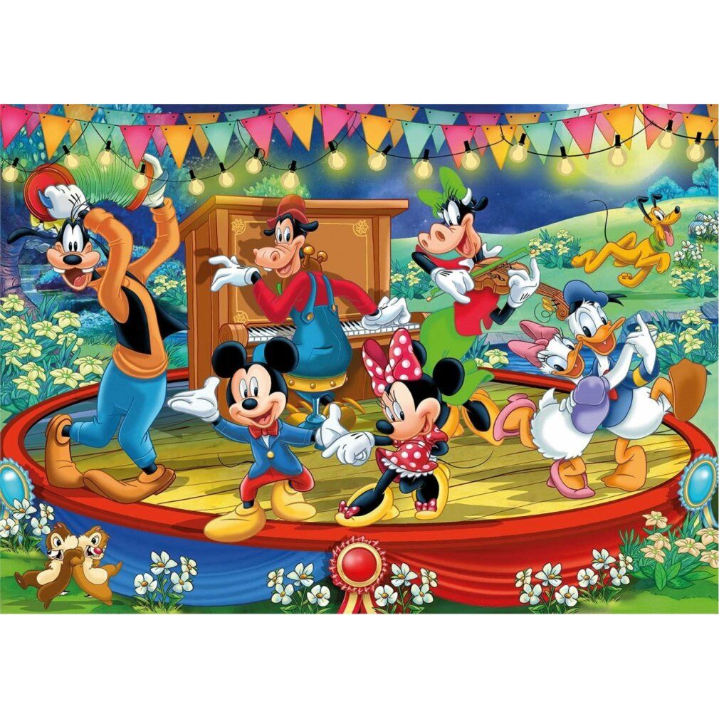 Puzzle con personaggi Disney, Mickey e amici. I personaggi ballano su un palco. Mickey, Minnie, Pippo, Paperino e Pluto sono visibili.