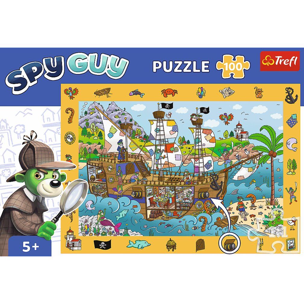 Scatola puzzle Spy Guy. Puzzle nave pirata da 100 pezzi. Personaggio Spy Guy con lente d'ingrandimento. Età consigliata 5+. Logo Trefl.