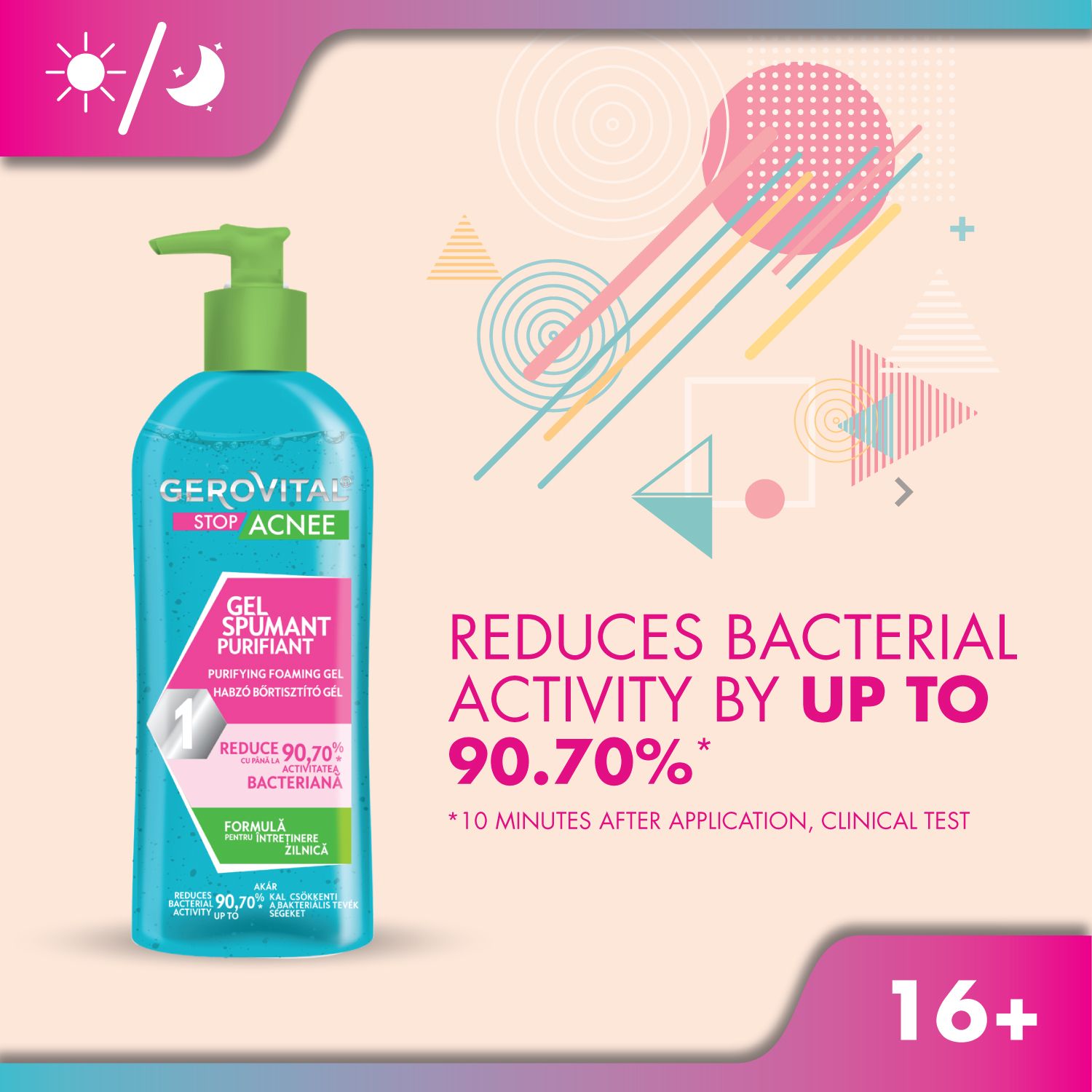 Flacone di prodotto con testo: Reduces bacterial activity by up to 90.70%. Testo: 10 minutes after application, clinical test.