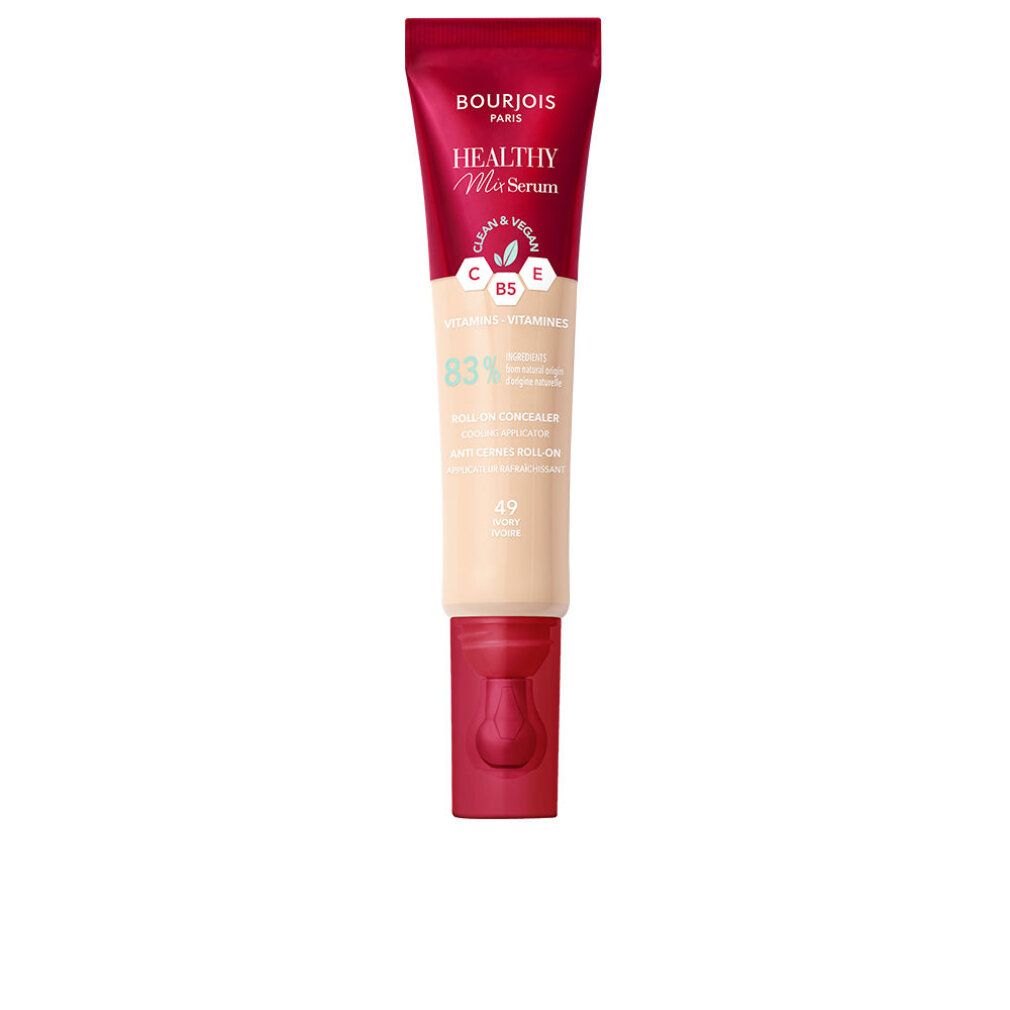 Correttore liquido in tubo. Design rosso-bianco. Scritta: Bourjois, Healthy Mix Serum, Vitamina E, B5. Tonalità: 49-Avorio.