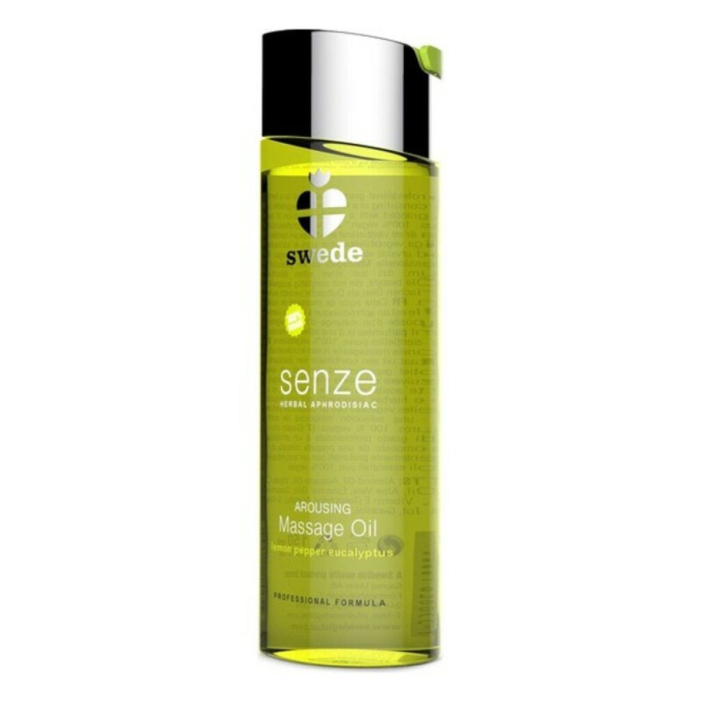 Flacone in vetro verde con tappo argentato. Scritte: Swede, senze, Massage Oil. Contiene Lemon Pepper Eucalyptus.