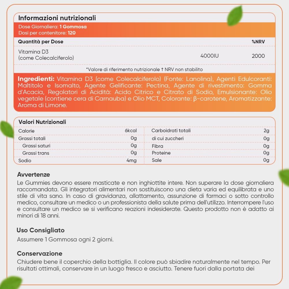 Barattolo di caramelle gommose alla vitamina D3. Scritta: Vitamina D3 Gomme, senza zucchero, 4000 UI, 120 pezzi. Donna che salta.