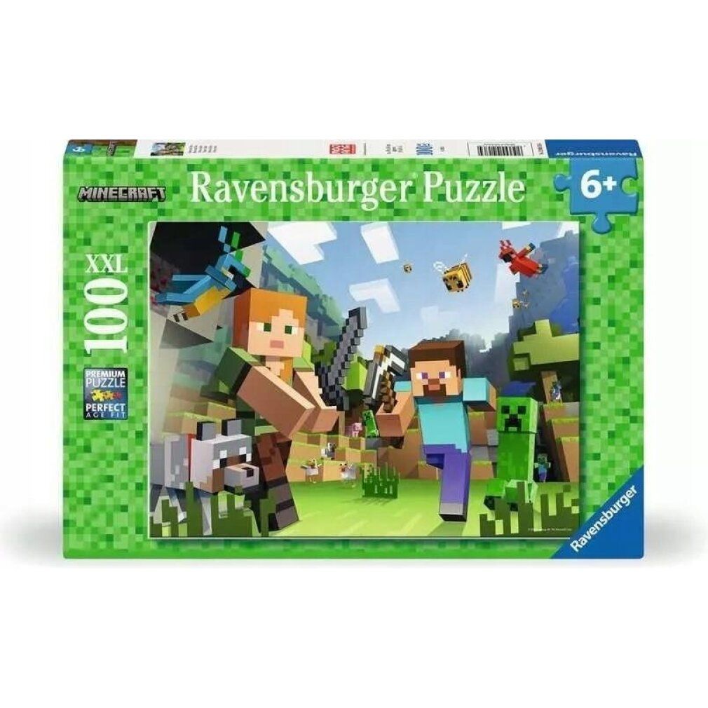 Scatola puzzle Minecraft. Illustrazione di Steve e Alex con lupo, Creeper e ambiente. 100 pezzi, dai 6 anni. Puzzle Ravensburger.