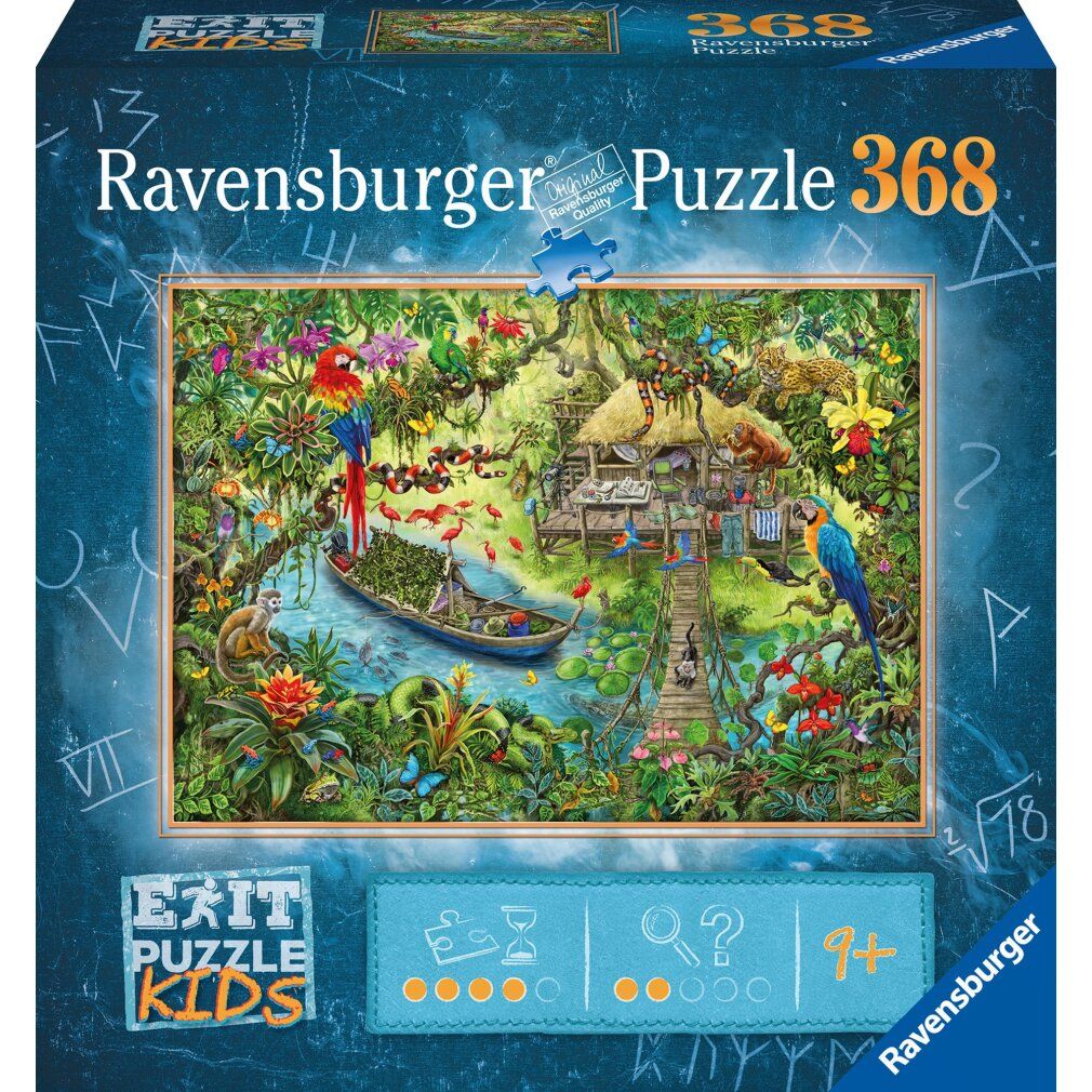 Scatola puzzle con motivo giungla. Ravensburger, 368 pezzi, 'Exit Kids'. Età consigliata 7+. Elemento di design puzzle.