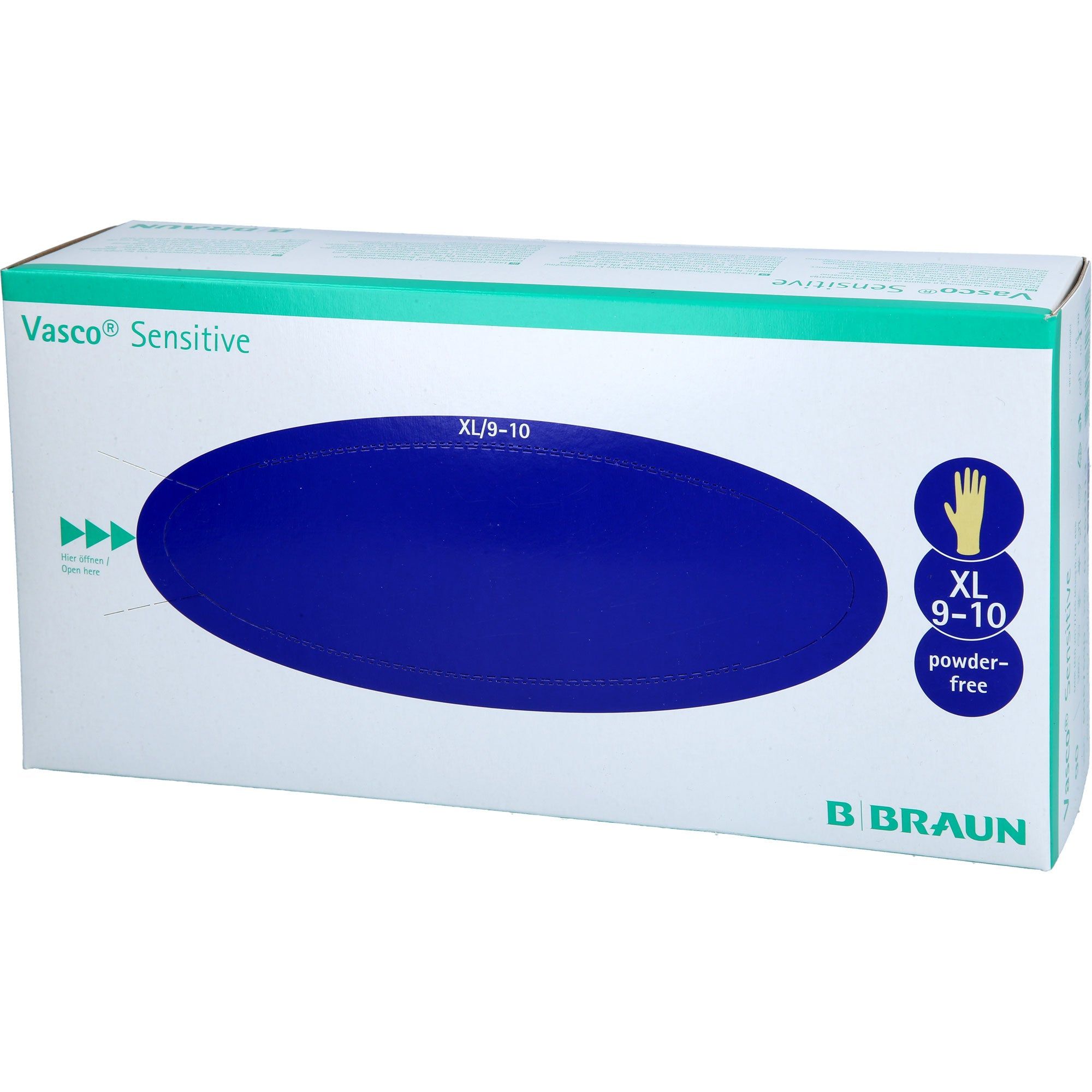 Scatola di guanti da esame. Scritta: Vasco Sensitive, XL 9-10, senza polvere. Logo: B. Braun.