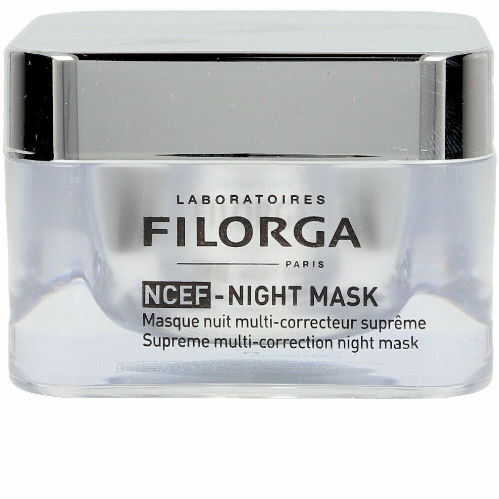 Vasetto trasparente con coperchio argentato. Scritta: Filorga, NCEF-Night Mask. Denominazioni in francese e inglese.