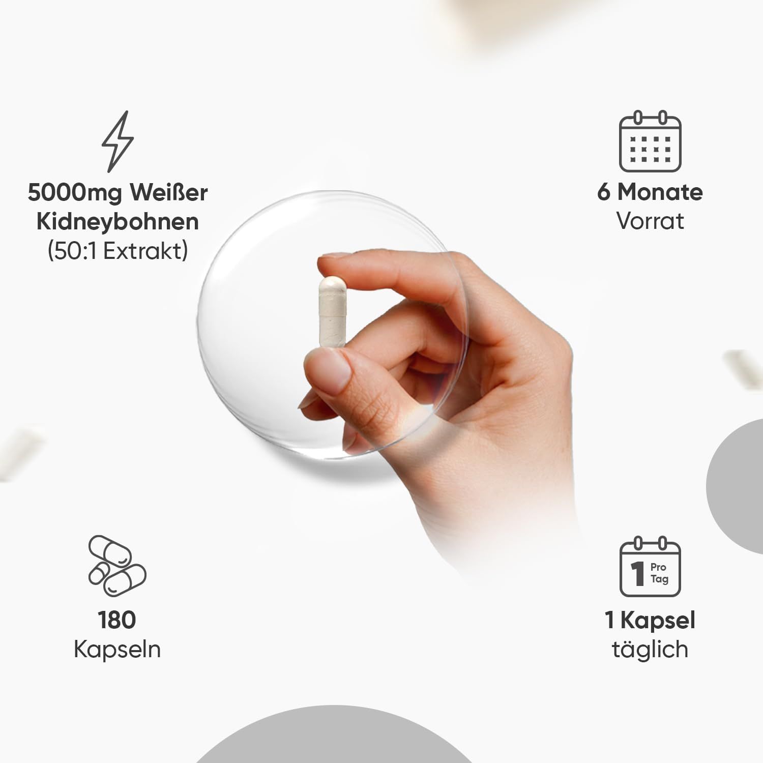 Mano che tiene una capsula. Testo: 5000mg, 6 mesi di scorta, 180 capsule, 1 capsula al giorno.