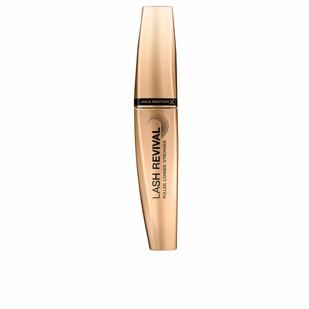 Tubo mascara dorato con tappo nero. Scritta: LASH REVIVAL, FULLER LONGER STRONGER. Marchio: MAX FACTOR.