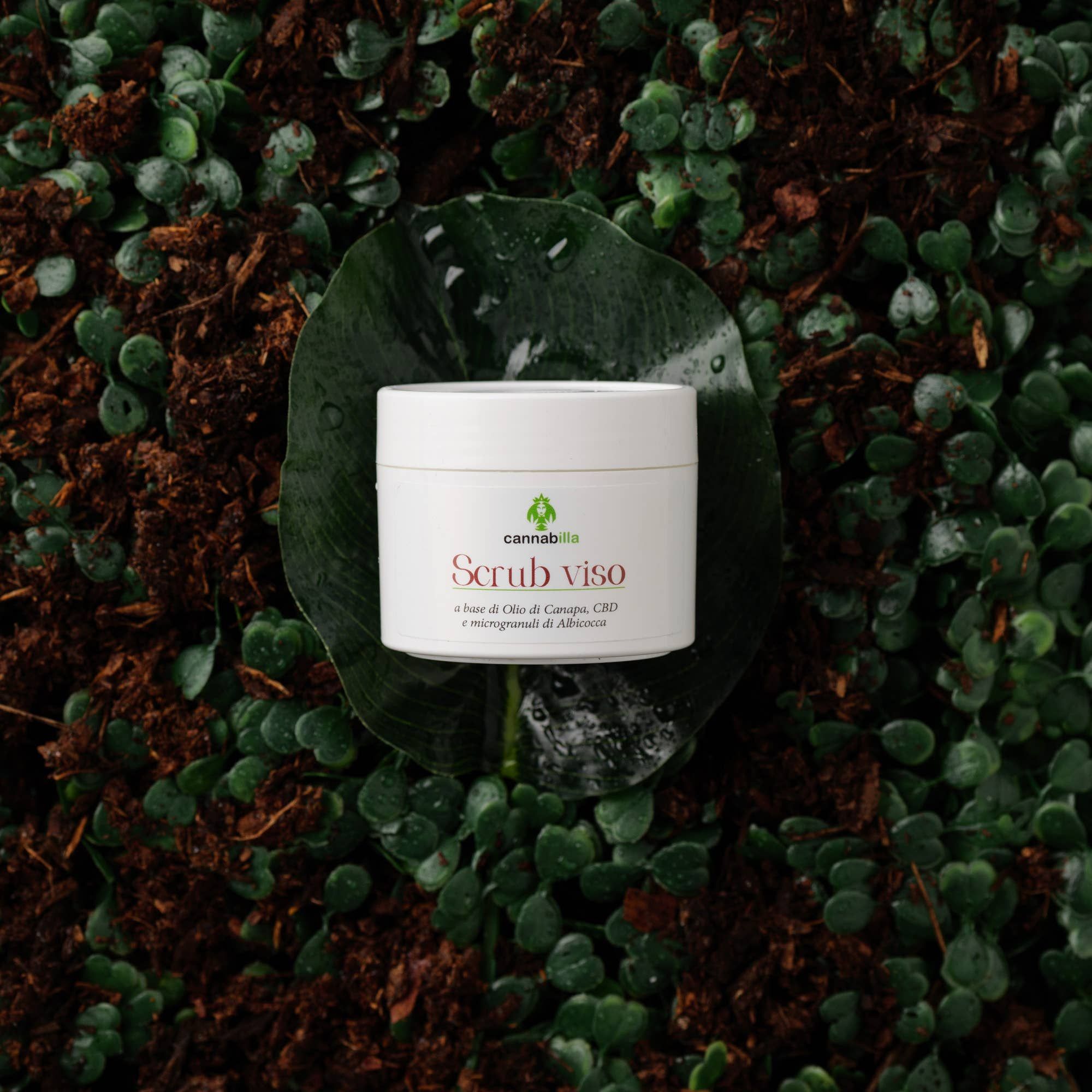 Vaso bianco "Scrub viso" su foglia, circondato da foglie verdi e terra. Logo "cannabilla" visibile.