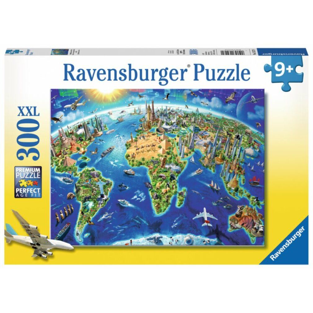 Ravensburger Puzzle, Mappa delle viste del mondo XXL 300 pezzi. Confezione con motivo puzzle, età consigliata 9+. Modello di aereo.