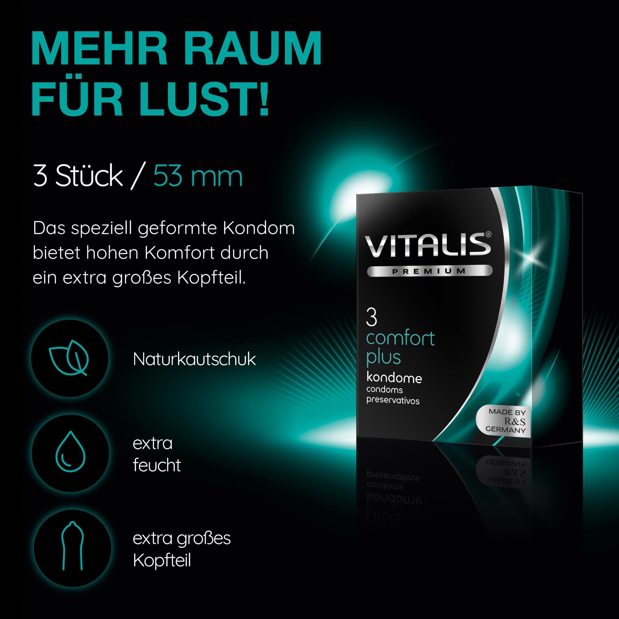 Preservativi Vitalis PREMIUM Comfort Plus: 3 pz, 53 mm. Lattice naturale, extra lubrificati.