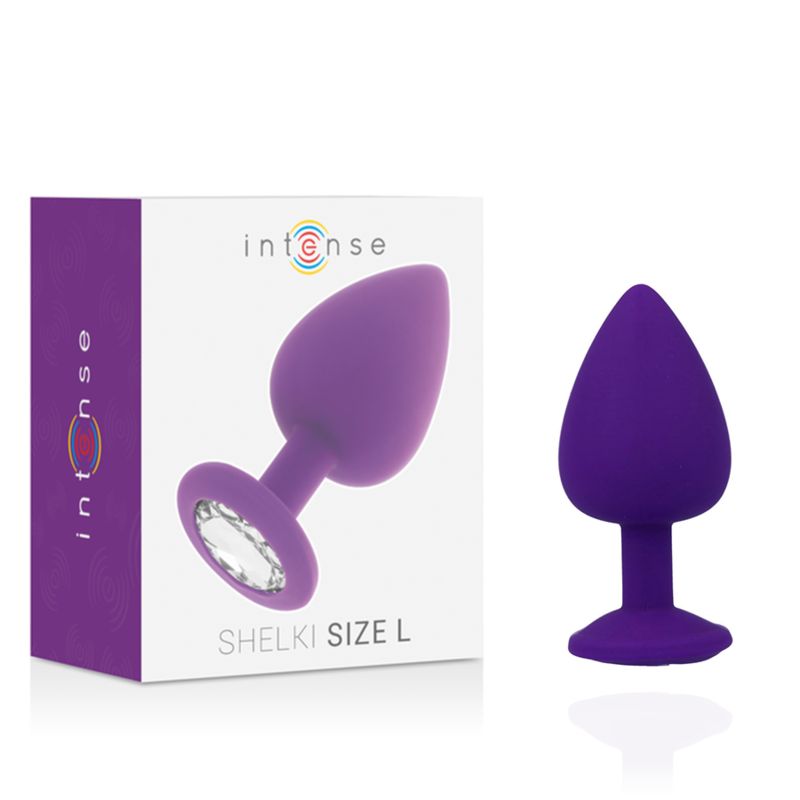 Confezione prodotto con plug anale viola. Scritta 'Intense' e 'Shelki Size L'.