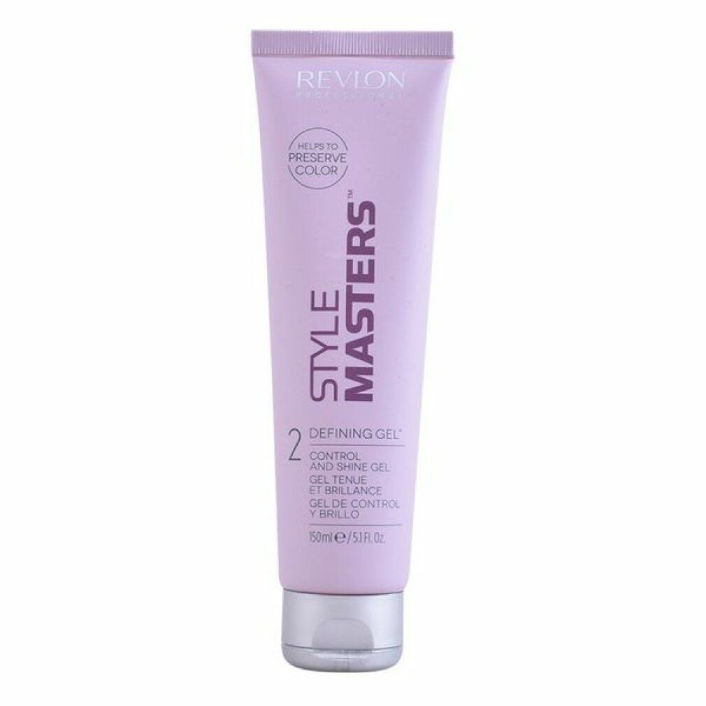 Tubo di gel Revlon Style Masters. Tubo lilla chiaro con tappo argentato. Testo: Revlon, Style Masters, Defining Gel, 150ml/5.1 fl.oz.