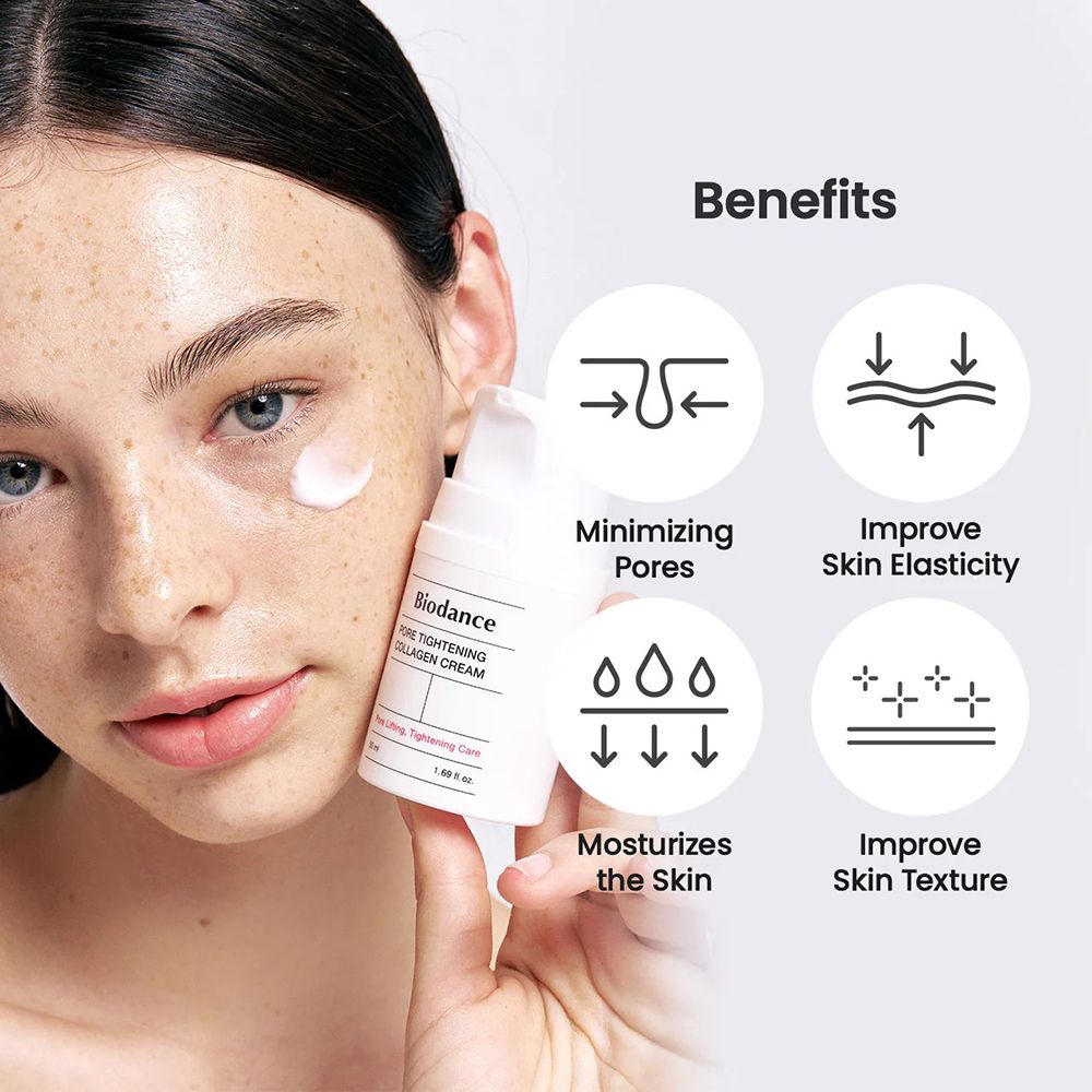 Donna tiene flacone Biodance Pore Tightening Collagen Cream. Vantaggi: Minimizzare i pori, migliorare l'elasticità della pelle.