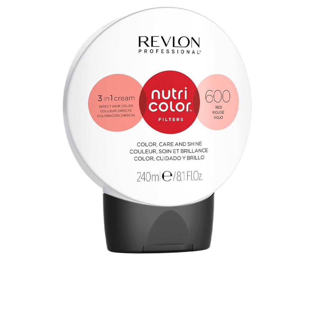 Flacone bianco e nero con etichetta rossa. Revlon Nutri Color Filters 600. Testo: 3 in 1 cream, Color, Care and Shine, 240ml.