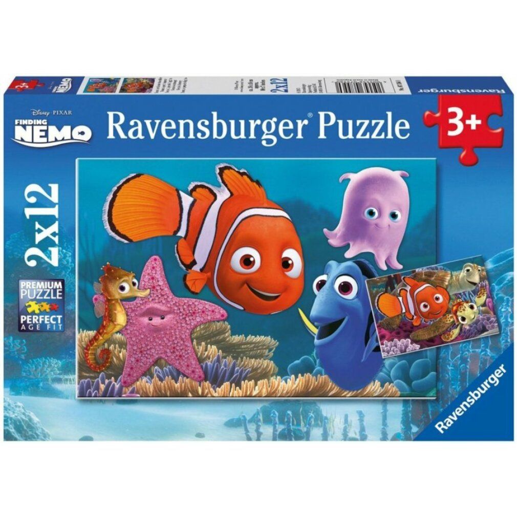 Puzzle con Nemo. Personaggi: pesce pagliaccio, tartarughe. Sfondo: barriera corallina. Puzzle Ravensburger.