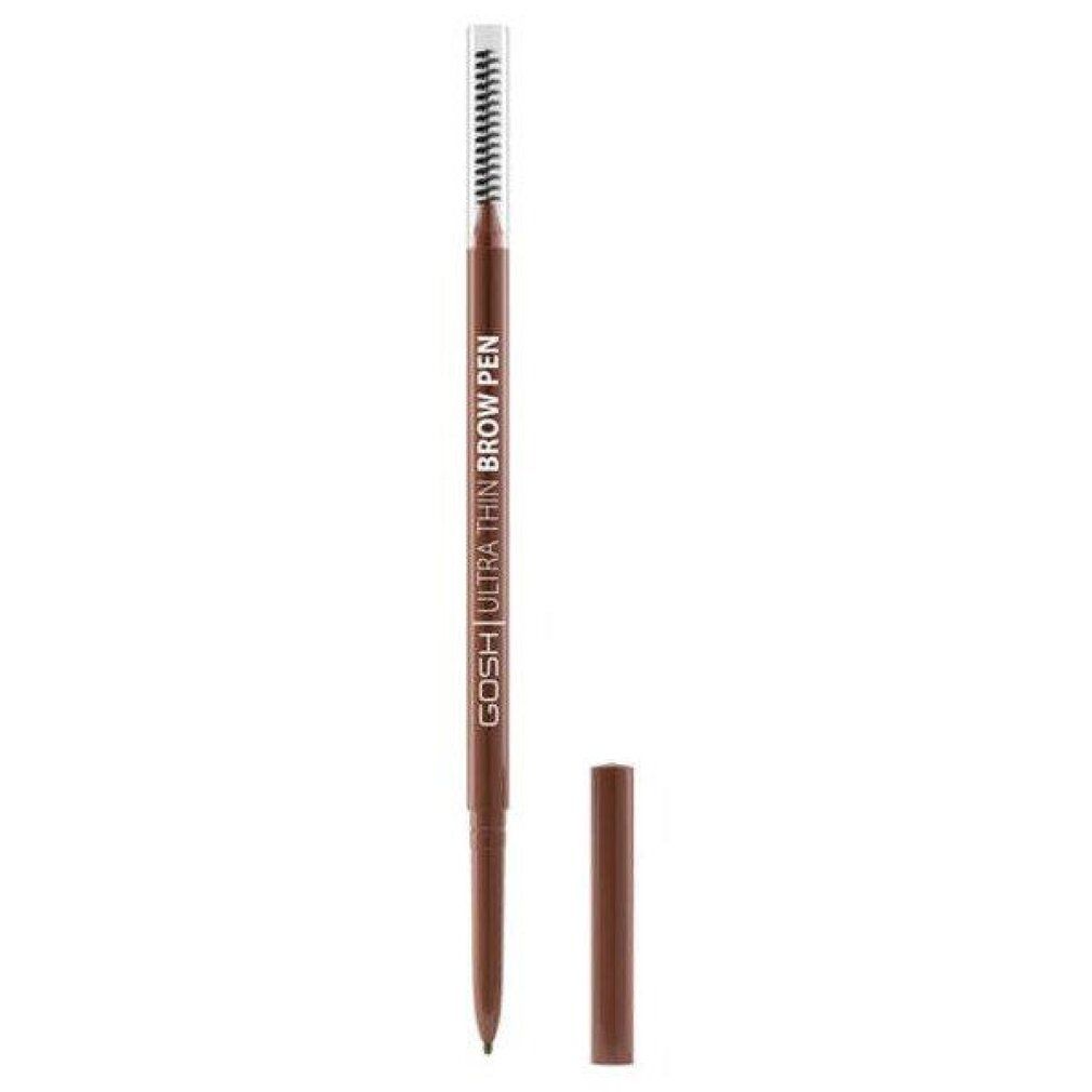Gosh Ultra Thin Brow Pen Marrone Scuro, penna con spazzolino e cappuccio rimosso.