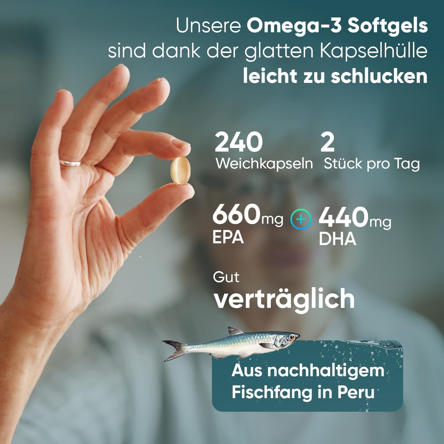 Mano che tiene una capsula. Testo: 240 capsule, 2 al giorno, 660mg EPA, 440mg DHA. Illustrazione di pesce.