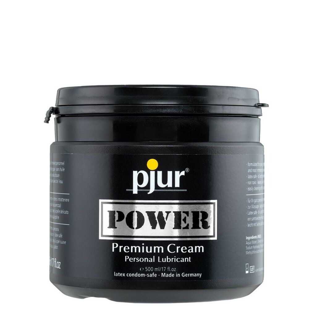 Vaso nero con coperchio. Scritta: pjur, POWER, Premium Cream, Personal Lubricant, latex condom-safe, Made in Germany, e 500 ml/17 fl.oz.