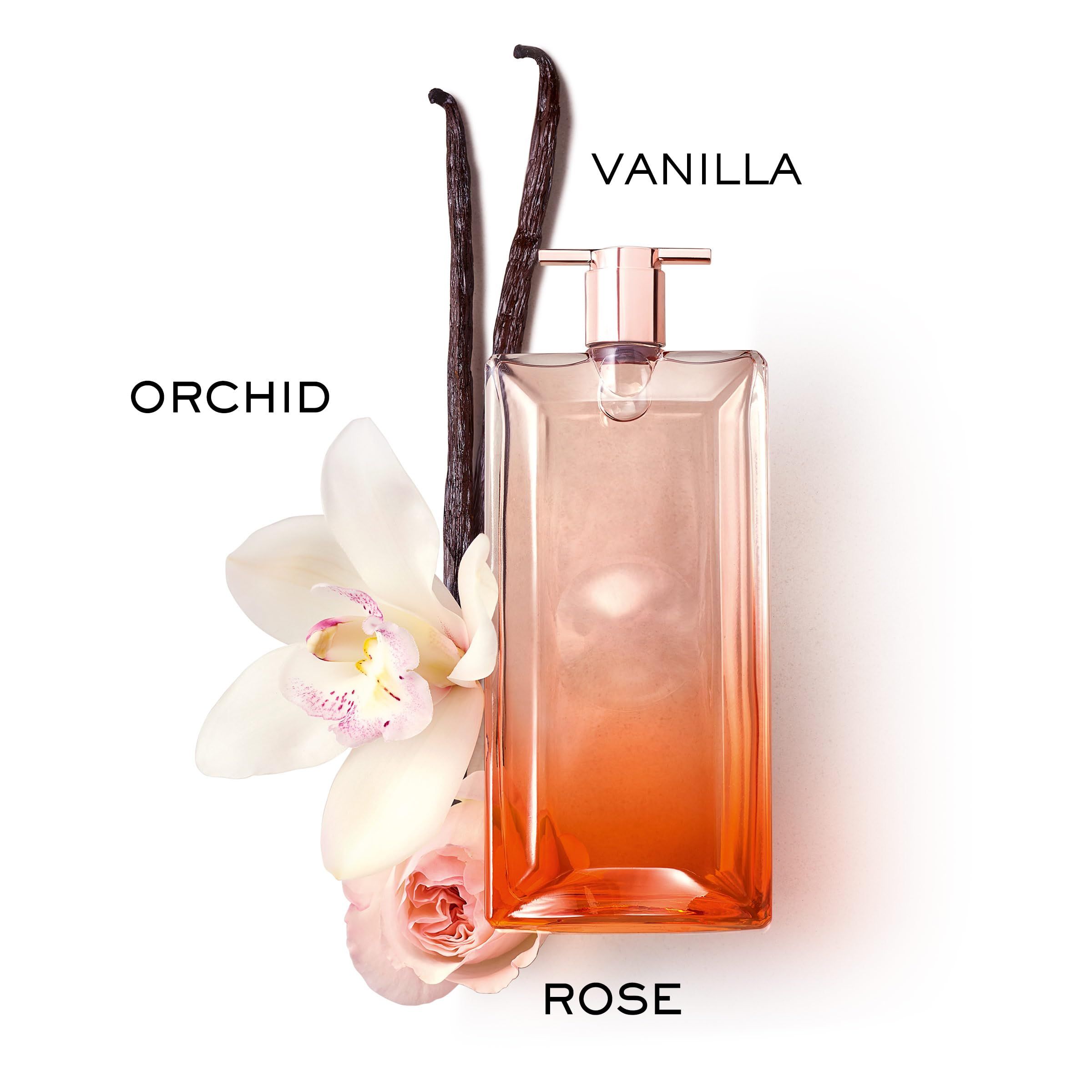 Flacone di profumo con rosa, orchidea e vaniglia. Nome del prodotto non visibile.