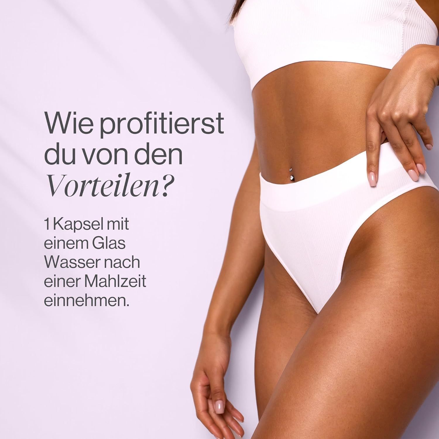 Donna in intimo. Testo: Come trarre vantaggio dai benefici? Assunzione: 1 capsula con acqua dopo un pasto.